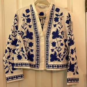 Zara blue embroidered linen long sleeve v neck button up shirt size large